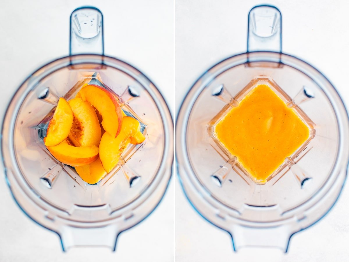 Side by side photos of peaches being blended in a blender..