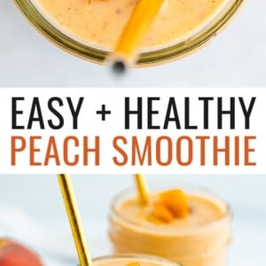 Mason jars with peach smoothies. Smoothies are garnished with diced peaches and gold straws.