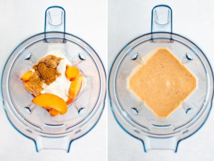 Side by side photos of a blender with ingredients to make a peach smoothie before and after being blended.