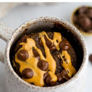 Chocolate protein mug cake drizzled with peanut butter and topped with chocolate chips.