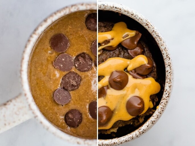 Side by side photo of a protein mug cake before and after being baked.