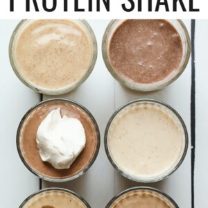 Bird's eye photo of 6 different protein shakes.