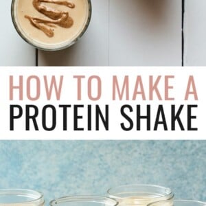 Two photos of different protein shakes in small mason jars.