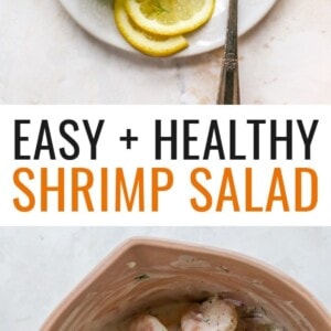 Photo of a plate with shrimp salad served over lettuce. Second photo is a mixing bowl with creamy shrimp salad.