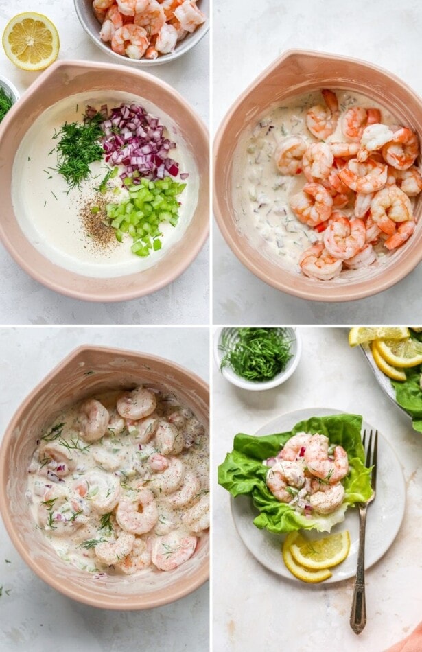 Collage of four photos showing the steps to making shrimp salad: mixing the sauce, adding the shrimp and then serving on a lettuce cup.