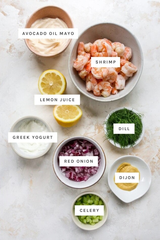 Ingredients measured out to make shrimp salad.