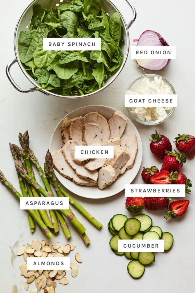 Ingredients measured out to make strawberry spinach chicken salad.