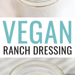 Jar of vegan ranch dressing. One photo is a spoon with a spoonful of the dressing from the jar.