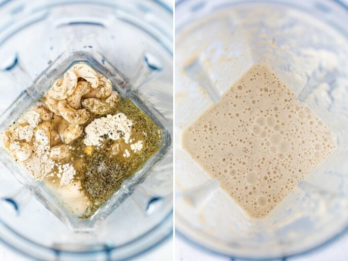 Side by side photos of a blender with the ingredient to make a vegan cashew ranch dressing, before and after being blended.