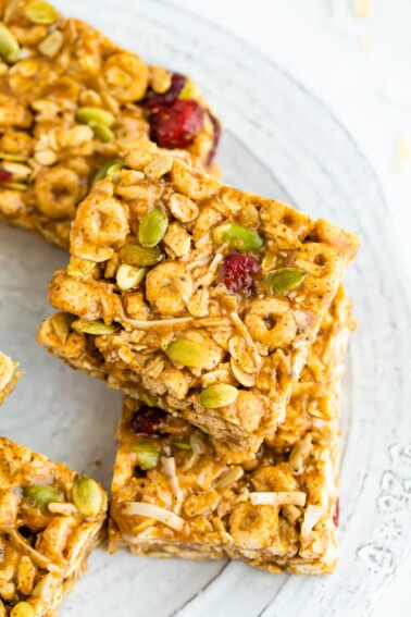 Cereal bars on a plate.