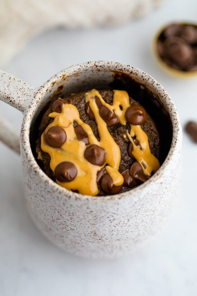 Chocolate protein mug cake drizzled with peanut butter and topped with chocolate chips.