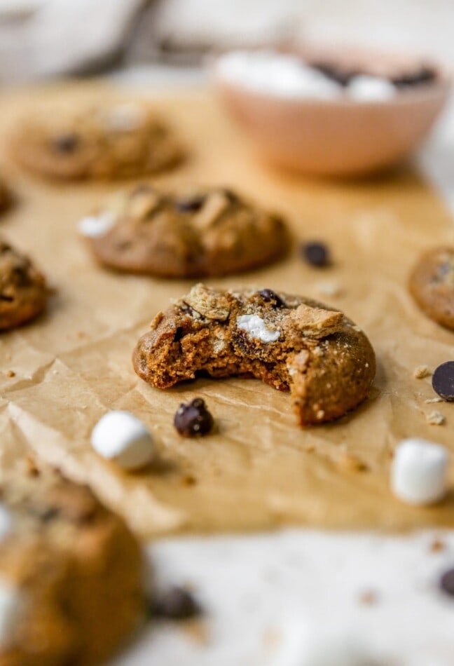 S'mores cookie with a bite taken out of it.