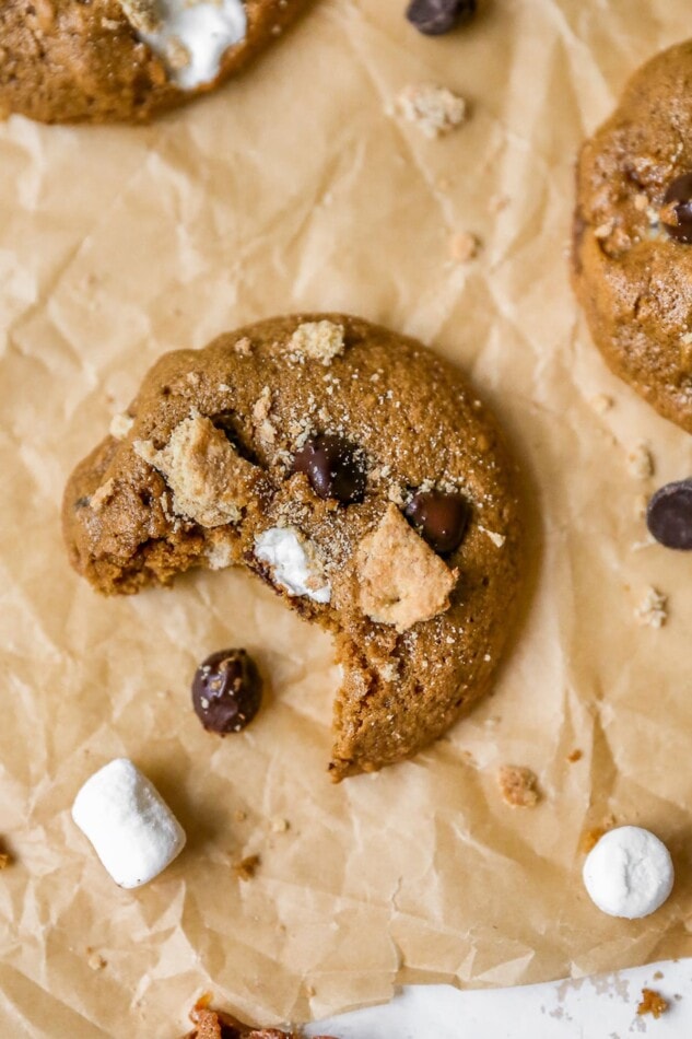 S'mores cookie with a bite taken out of it.