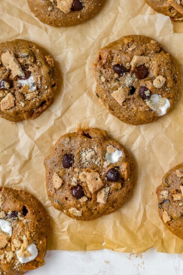 S'mores cookies on parchment paper.