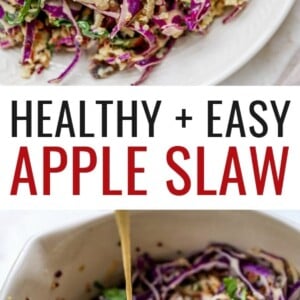 One photo of plated apple slaw and another photo of tahini dressing being drizzled over a mixing bowl of the apple slaw.