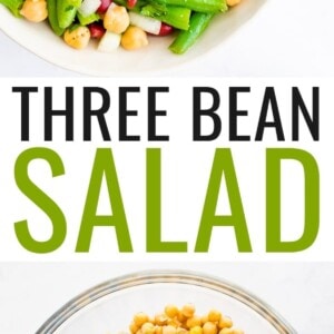 Serving bowl with three bean salad, a salad made with chickpeas, kidney beans, onion and green beans. Second photo is a mixing bowl with the ingredients for three bean salad before being mixed.