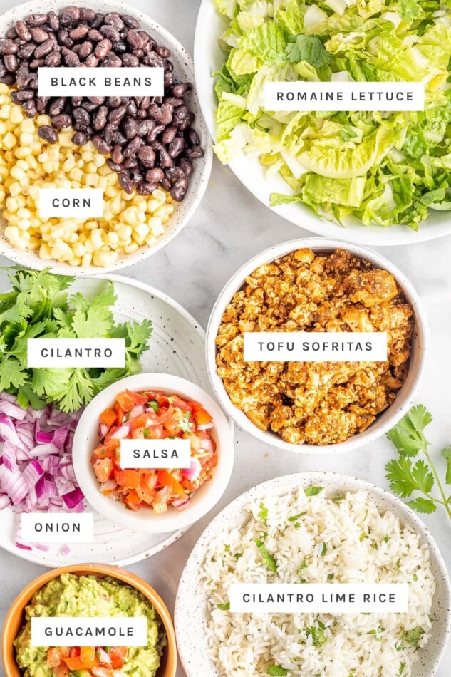 Ingredients measured out to make vegan burrito bowls: black beans, corn, lettuce, tofu sofritas, cilantro, salsa, onion, cilantro lime rice and guacamole.