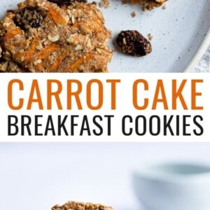 Two photos. The first is a slice up of a carrot cake breakfast cookie on a plate with a bite taken from it. The second is a stack of four carrot cake breakfast cookies, broken in half and on a plate.