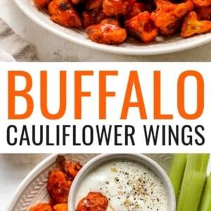 Plate of buffalo cauliflower wings served with vegan cashew ranch and celery sticks. Second photo is the plate of wings and two are in the bowl of cashew ranch.