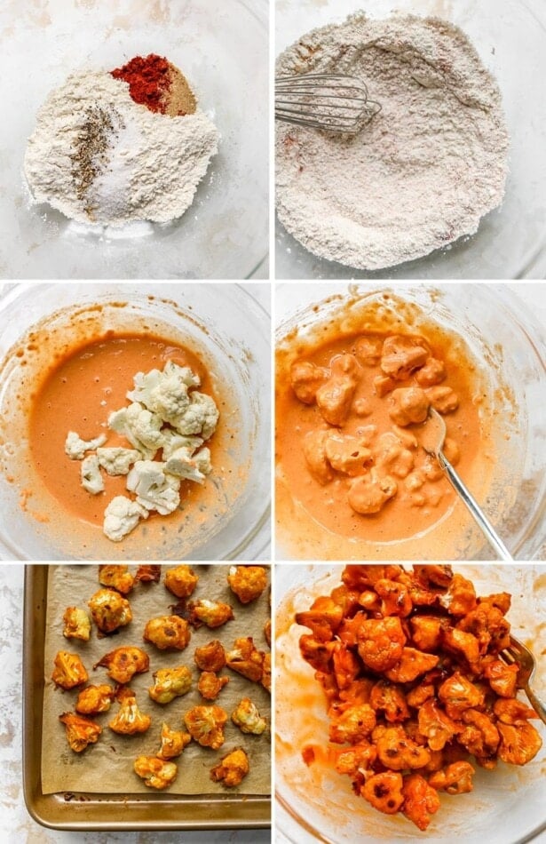 Collage of 6 photos showing the process to make cauliflower buffalo wings: coat cauliflower in spiced batter, bake, and toss with buffalo sauce.