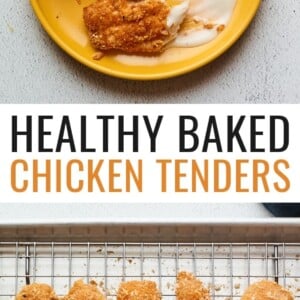 Overhead shot of baked chicken tenders on 2 plates with dipping sauce. Second photo is the unbaked tenders on a wire rack set on a baking sheet.