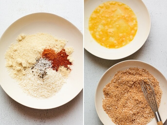 Side by side photos. The first is of coconut, almond flour and spices in a bowl. The second photo is a bowl of whisked egg and a bowl of the whisked almond flour mixtire.