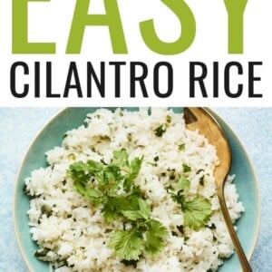 Bowl of cilantro rice with a serving spoon.