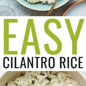 Bowl of cilantro rice with a serving spoon. Second photo below is a close up of the rice with cilantro in it.