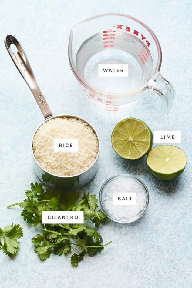 Ingredients measured out to make cilantro rice: water, rice, lime, salt and cilantro.