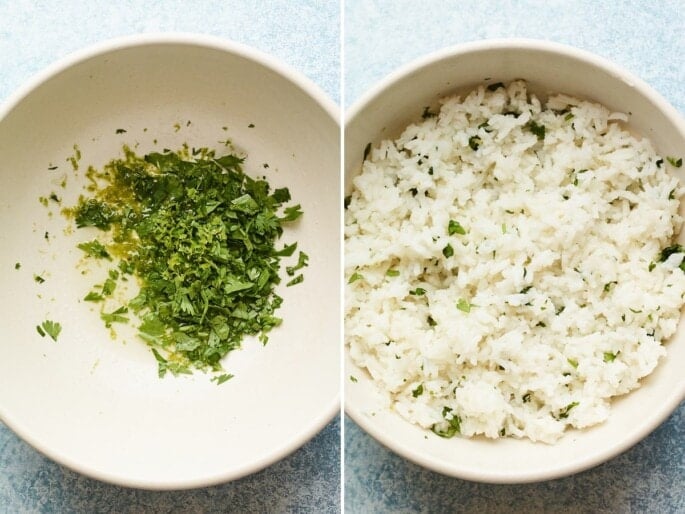Side by side photos of a mixing bowl. First photo has lime juice, lime zest and cilantro. The second photo is the bowl with mixed cilantro rice.