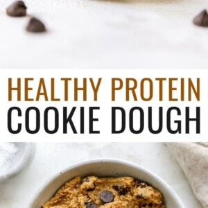 Photo of a spoon with protein cookie dough and a bowl of the cookie dough.