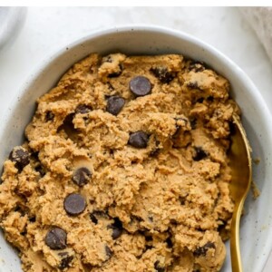 Bowl of protein chocolate chip cookie dough with a spoon.