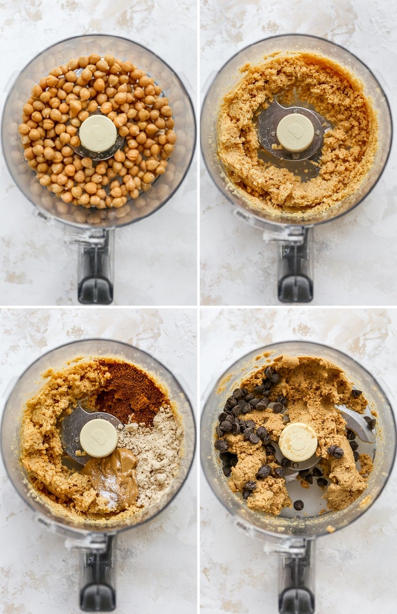 Collage of four photos showing the process how to make protein cookie dough bu blending chickpeas in a food processor and adding in sugar, nut butter, protein powder and chocolate chips.