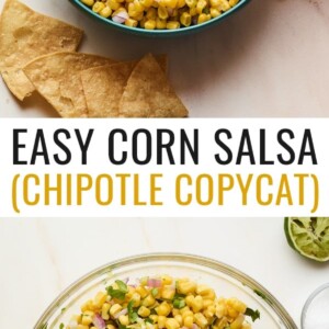 Hand dipping a tortilla chip into a bowl of corn salsa. Second photo is a mixing bowl with a wood spoon and the corn salsa.