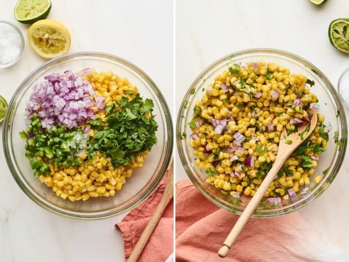 Side by side photo of a mixing bowl of corn salsa before and after being mixed.