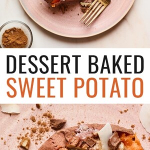 A pink plate with a dessert sweet potato on top. Topping ingredients are sprinkled around the dish and the tabletop. A gold fork rests on the plate.