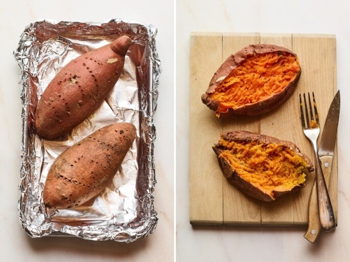 Side by side photos: first is two sweet potatoes on a foiled lined tray. Sweet potatoes are pricked with a fork. Second photo is two baked sweet potatoes fluffed on a wood cutting board. A fork and knife are on the board.