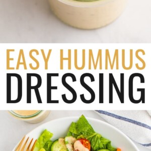 Spoon with a spoonful of hummus dressing from a jar. Photo below is hummus dressing drizzled over a green salad.