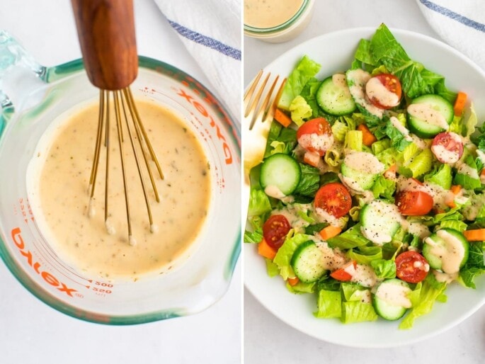 Side by side photo of a glass cup with a whisk and hummus dressing. Second photo is a green salad drizzled with hummus dressing.