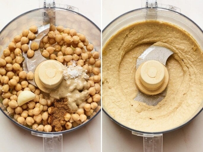 Side by side photos of a food processor before and after making hummus. First photo has chickpeas, garlic, tahini and spices in a food processor. Second photo is sooth creamy hummus blended in a food processor.
