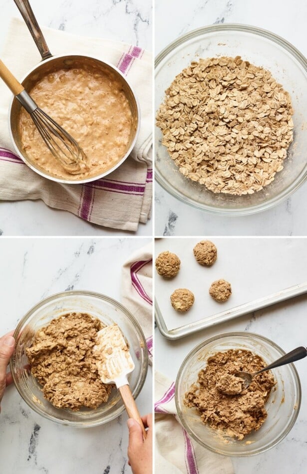 Collage of four photos showing the steps out to make no bake protein cookies. One photo of the melted peanut butter mixture in a pot, a mixing bowl with oats and protein powder, a spatula and mixing bowl making the cookie mixture and finally a photo of a spoon scooping no bake cookies onto a cookie sheet.