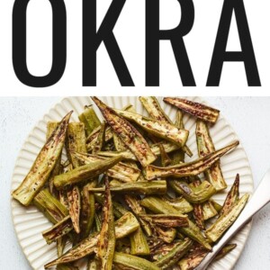 Roasted okra on a plate.