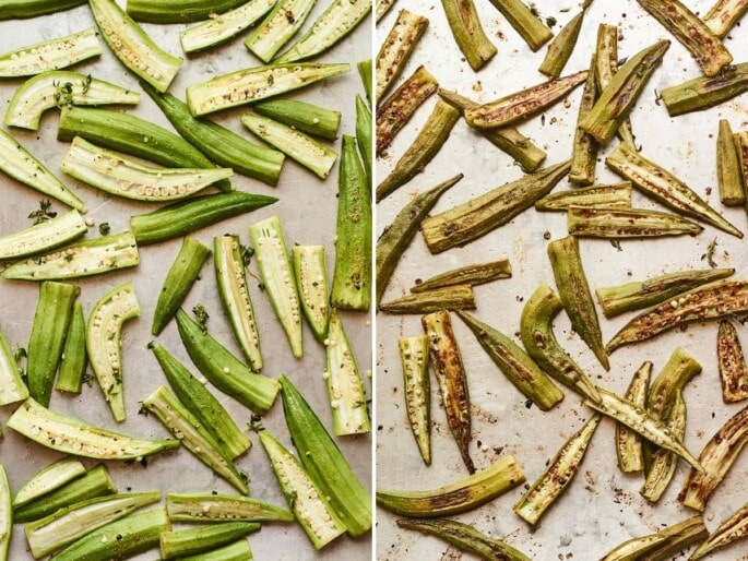 Save this recipe for oven roasted okra for later! Side by side photos of okra on a baking sheet before and after being roasted.