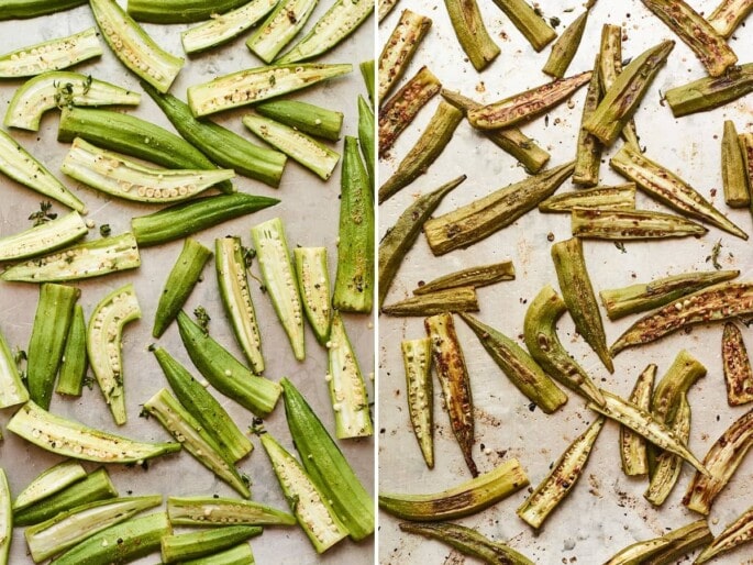 Side by side photos of okra on a baking sheet before and after being roasted.