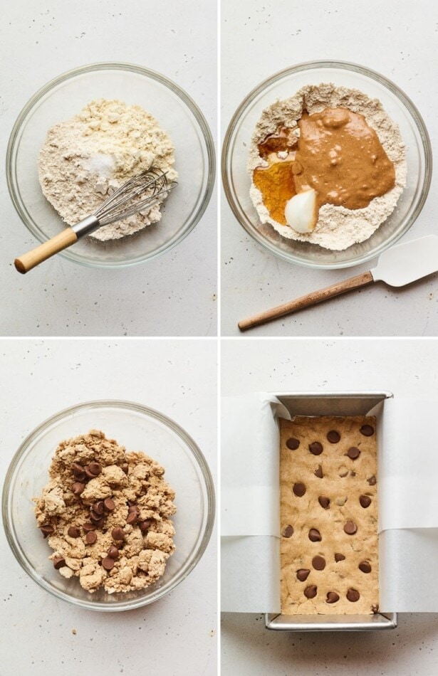 Four photos showing the process of making protein bars and placing it in a pan.