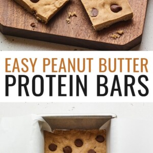 Photo of protein bars on a wood cutting board with a knife and a photo of the protein bars mixture in a pan.