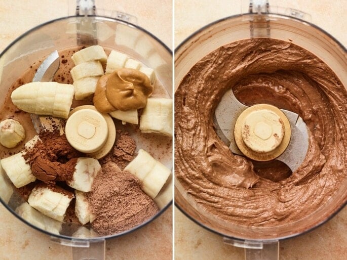 Side by side photos of bananas, protein powder, almond milk and nut butter before and after bing blended to make chocolate protein ice cream.