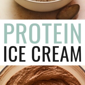 Photo of a bowl of vanilla and chocolate protein ice cream. Photo below is of the chocolate protein ice cream base in a food processor.