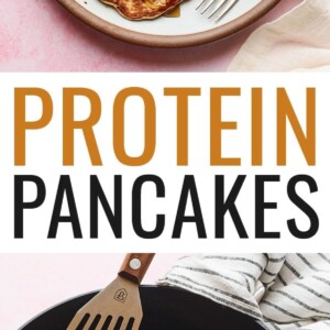 Plate of protein pancakes topped with chocolate chips, maple syrup and peanut butter. Another photo is of three pancakes in a skillet with a spatula.
