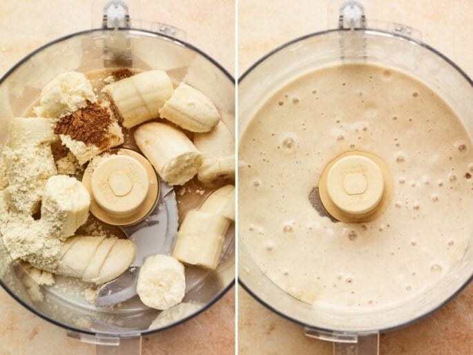 Side by side photos. One is of cinnamon, bananas, almond milk and protein powder in a food processor. The second is the mixture blended smoothly.